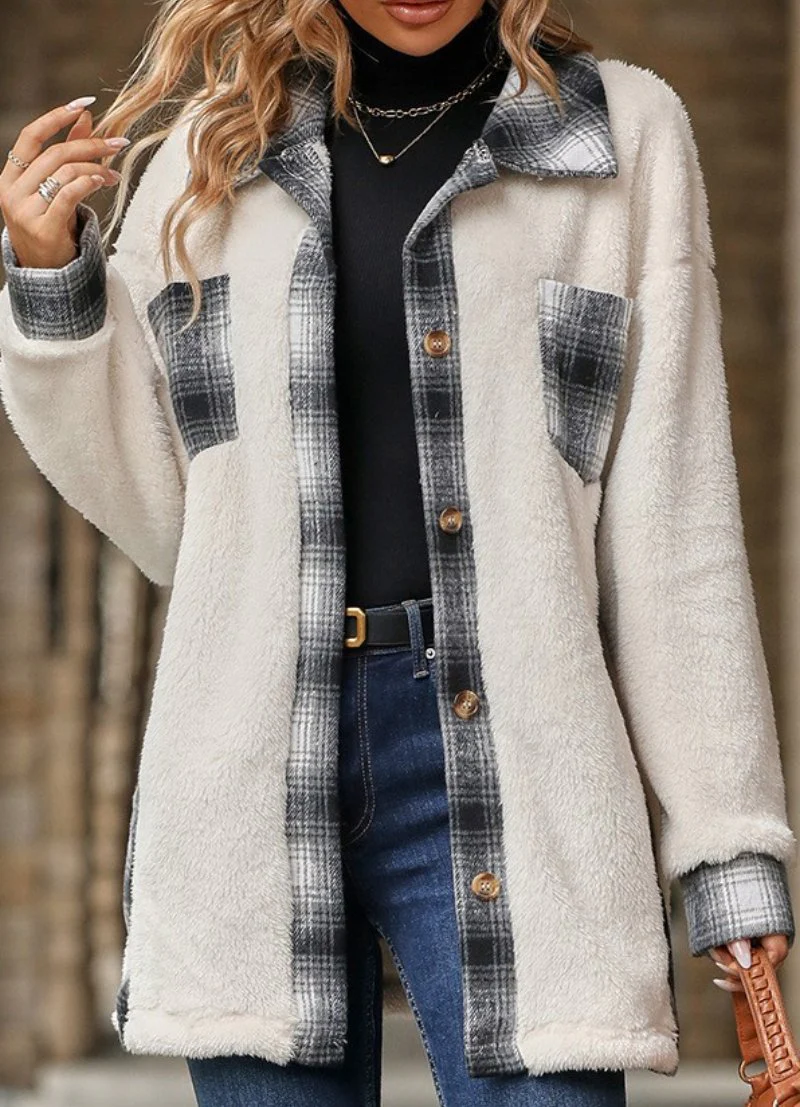 Single-breasted Lapel Plaid Plush Coat